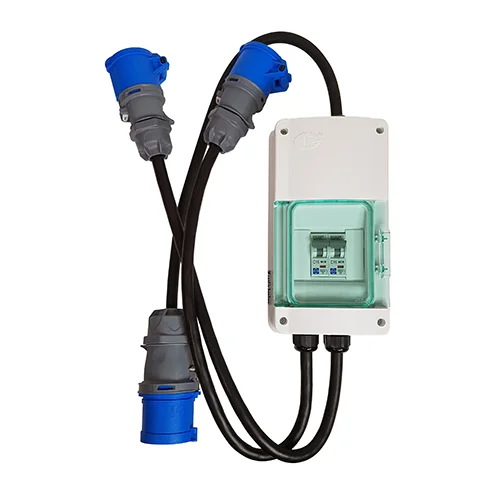 32A Splitter Box 2x16A Locking Outlets 0.5m Leads 0.5m Power Cord 32A IEC 60309 1ph Plug