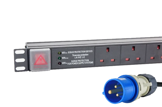 Basic Horizontal PDU 6xUK Outlets Switched 1.8m Lead 32A Blue Commando plug with surge protection