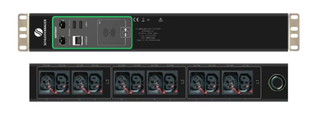 Schleifenbauer Intelligent Double Horizontal Monitored rPDU Three Phase 16A Metered Input with 6 IEC Lock C13 and 6 IEC Lock Combi CX C13/C15 Outlets