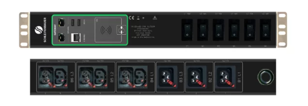 Schleifenbauer Intelligent Double Horizontal Monitored rPDU Three Phase 32A Metered Input with 3 IEC Lock C13 and 6 IEC Lock Combi CX C13/C15 Outlets